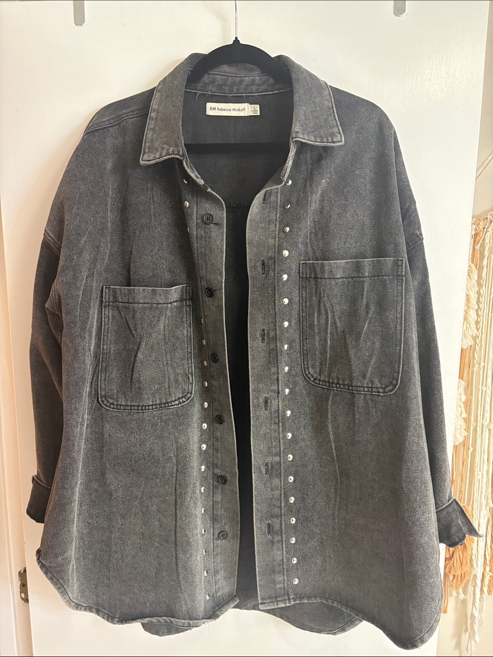 Rebecca Minkoff Washed Charcoal Oversized Denim Jacket with Stud Trim